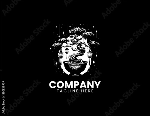Bonsai tree growing in ornate bowl with lanterns illustrated as elegant black vector logo design