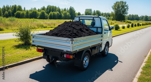 A small truck with a fully loaded bed filled with fertile, dark black soil. A concept related to transportation, agriculture, landscaping, and gardening.