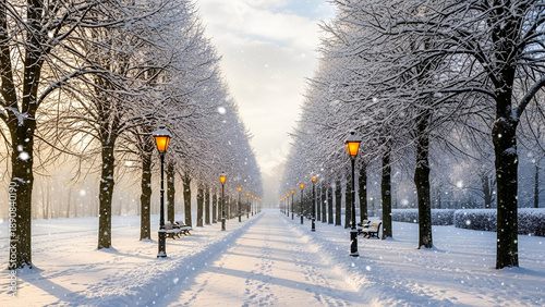 Serene winter avenue under snowfall