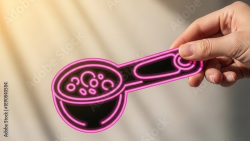 Captivating glowing pink neon culinary symbol held gently by a hand against a soft background