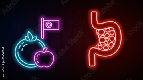 Neon glow illustration depicting digestive health alongside national symbol and fresh produce
