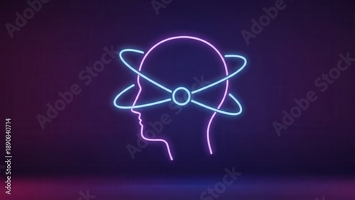 Vibrant neon human head with atomic orbits representing mind power and innovative thinking concepts
