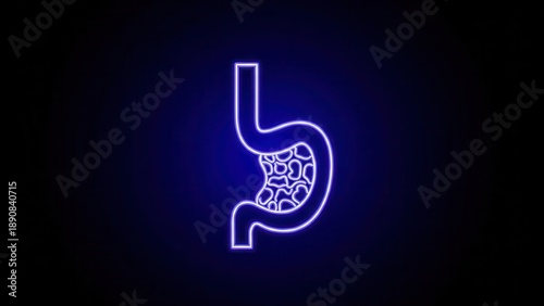 Vibrant neon blue stomach anatomy illustration showing internal digestion on a dark background