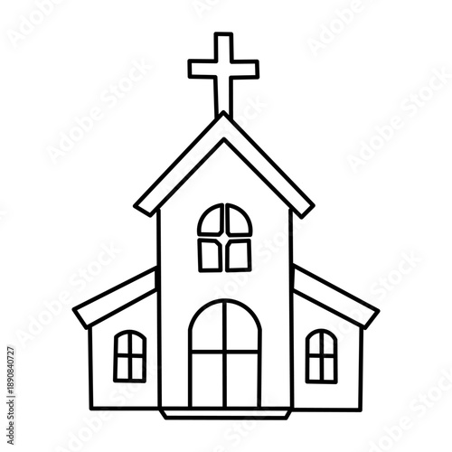Simple black and white line art drawing of a traditional church building with a cross on top, featuring arched windows and a central entrance.
