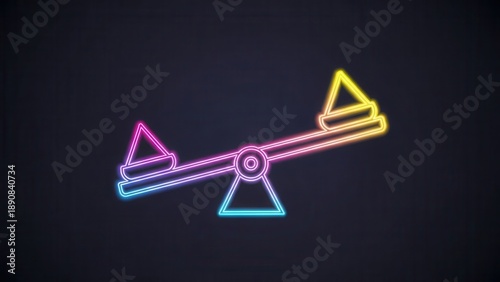 Vibrant neon glowing balance scale illustrating a concept of disproportion and delicate
