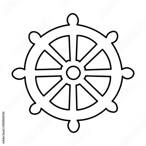 Simple black and white outline drawing of a Dharma wheel, a Buddhist symbol with eight spokes, representing the Eightfold Path.