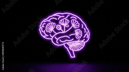 Luminous purple outline of a human brain with intricate floral motifs symbolizing thought and growth