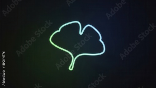 Luminous ginkgo leaf outline in a vibrant blue-green neon glow against a dark, minimalist abstract