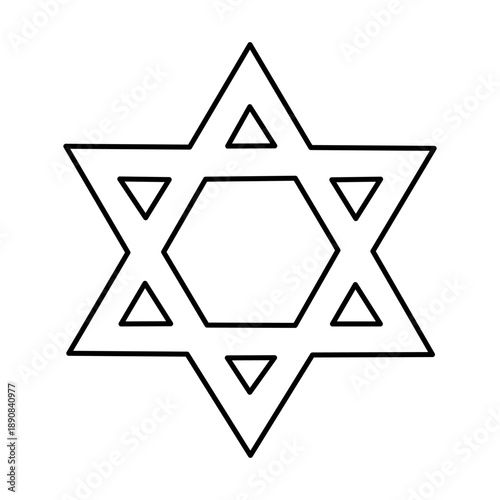 Black outline drawing of the Star of David, a prominent symbol of Judaism, on a plain white background, representing faith and heritage.