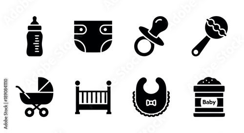 Baby essentials and childcare items including bottle, diaper, pacifier, rattle, stroller, crib, bib, baby powder.