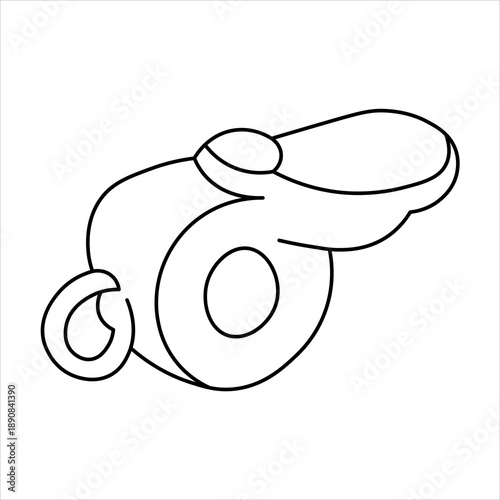 A simple black and white line drawing of a sports whistle, a common tool used by referees and coaches.