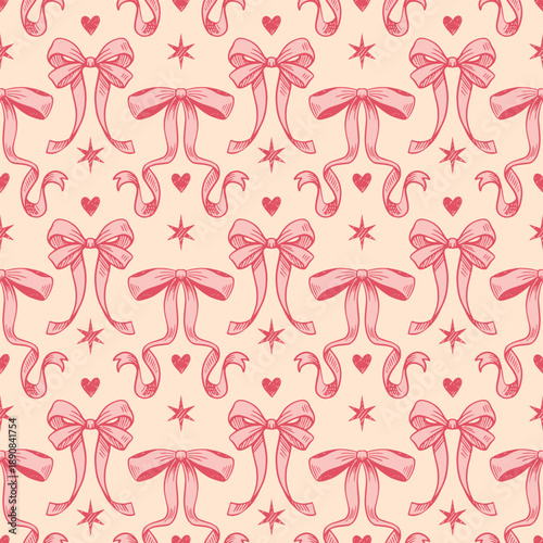 A coquettecore seamless pattern with hand-drawn bows and hearts in romantic flirty pink and ivory white tones. Perfect for vintage festive wedding or holiday aesthetics.
