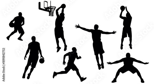Basketball players silhouettes in action dribbling shooting jumping dunking passing running defending on court during game with net hoop ball equipment
