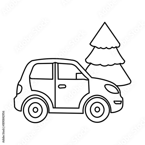 Line art drawing of a small car parked next to a stylized Christmas tree, ready for holiday transport.