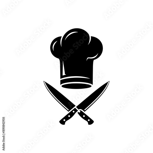 A striking black silhouette depicts a professional chef s hat crossed with two sharp kitchen knives symbolizing culinary expertise and skill silhouette