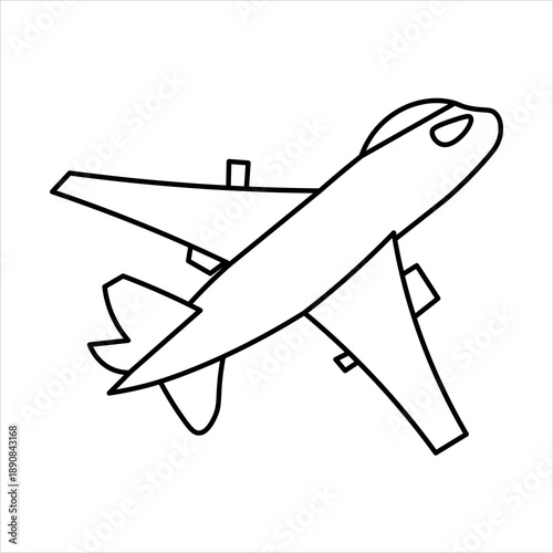 A simple black and white line drawing of a passenger airplane in flight, viewed from a slightly elevated side angle.