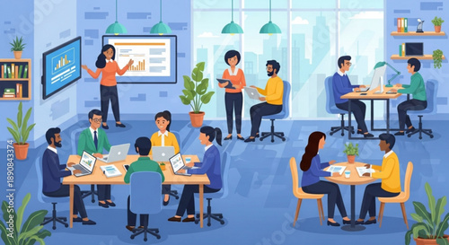 People working in a modern office space with coworking desks