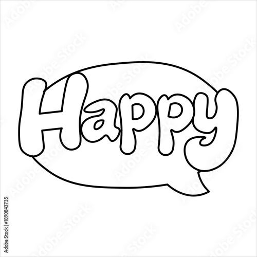 Outline drawing of the word 'Happy' in a speech bubble, featuring a cheerful and bubbly font style, perfect for coloring or simple graphic design.