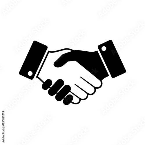 A stark black graphic depicts two hands clasped together in a firm handshake symbolizing agreement and partnership presented as a silhouette high quality