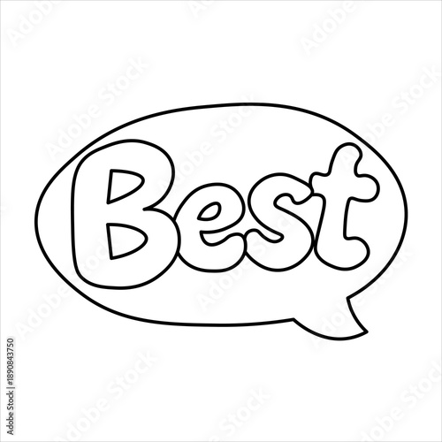 Black and white outline illustration of a speech bubble containing the word 'Best' in a rounded, cartoonish font, conveying a positive message.