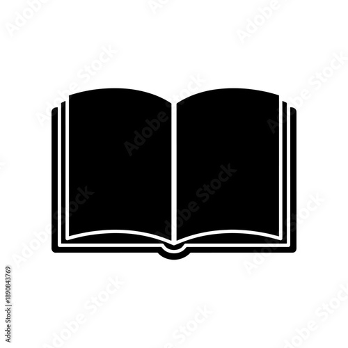 A stark black icon depicts an open book with visible pages representing knowledge learning and literature in a simple silhouette high quality professional