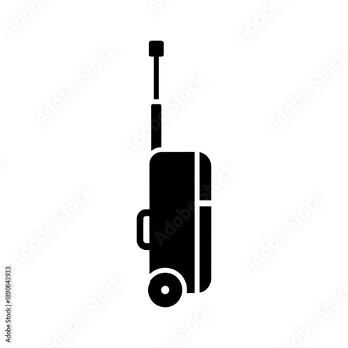 A minimalist black icon depicts a wheeled suitcase commonly used for travel and transportation of belongings silhouette high quality professional detailed modern elegant