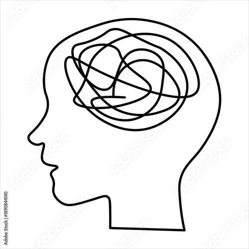 A simple line drawing of a human head profile with a chaotic tangle of lines representing thoughts or confusion inside the brain.