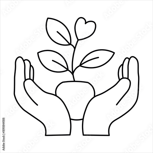 Two cupped hands gently holding a small potted plant with heart-shaped leaves, symbolizing care and growth.