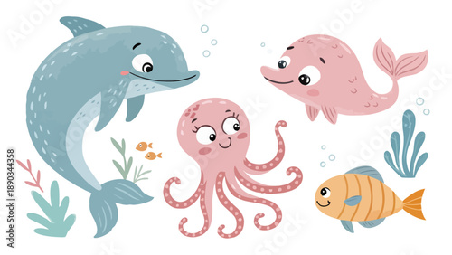 Cute cartoon ocean creatures with smiling faces and colorful seaweed