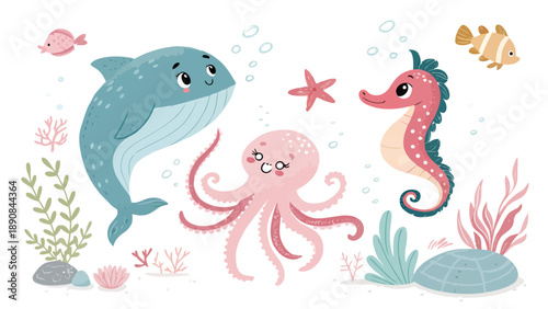 Friendly sea creatures swim together in colorful ocean scene