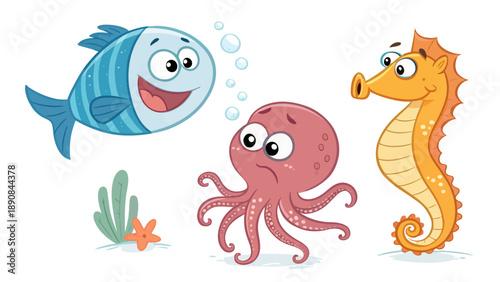 Friendly sea creatures interact in colorful underwater scene