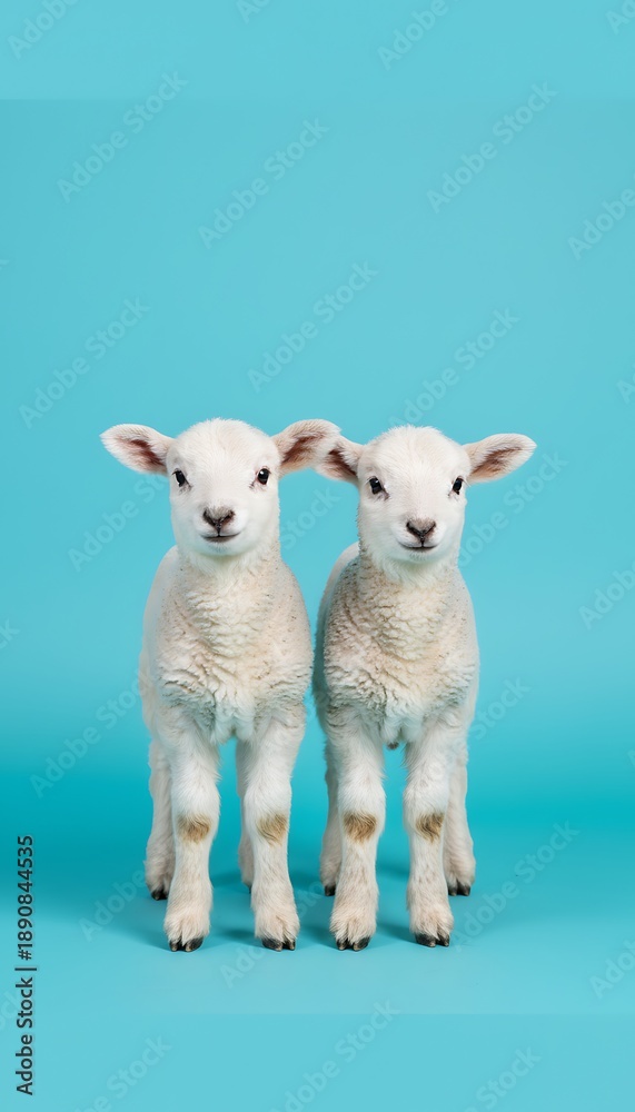 Fototapeta premium Two adorable white lambs standing side by side on blue background