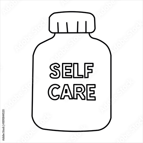 A simple black and white line drawing of a bottle labeled "SELF CARE" suggesting mental well-being and personal health.