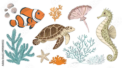 Vibrant ocean creatures swim amidst coral reef ecosystem