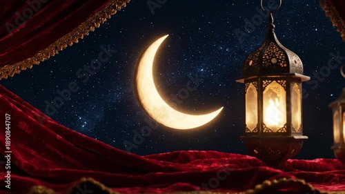 Magical Ramadan Night Scene with Glowing Crescent Moon and Ornate Lanterns.