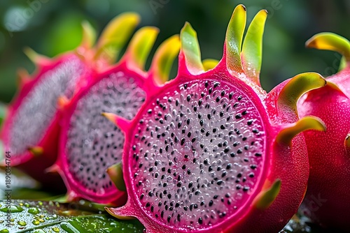 Pink dragon fruit macro closeup with fresh dew drops picture