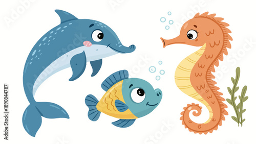 Dolphin, fish, and seahorse swimming together underwater