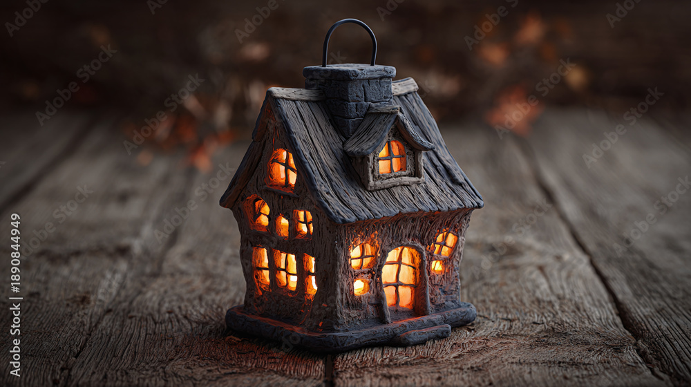 Fototapeta premium A charming miniature house with glowing windows sits on a rustic wooden surface. The details of the house create a warm and inviting atmosphere, evoking feelings of comfort and home