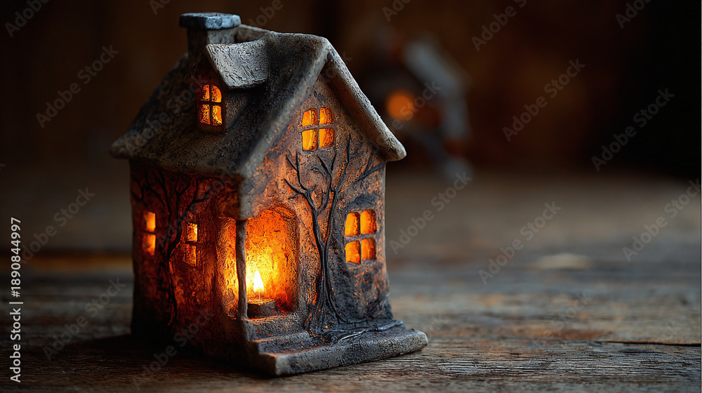 Obraz premium A charming miniature house with lit windows, emanating a warm, inviting glow