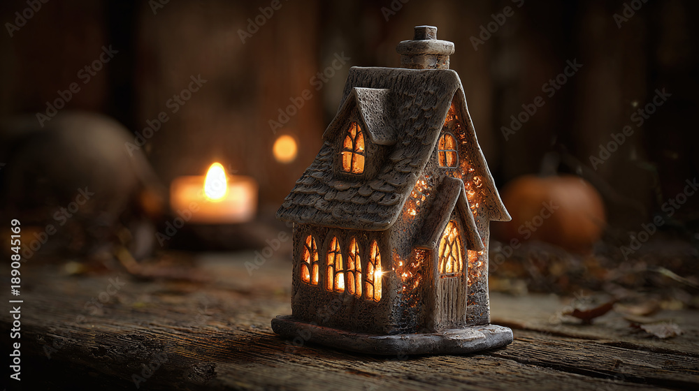 Naklejka premium A quaint miniature house illuminated by soft light, casting a warm and inviting glow. A serene, cozy atmosphere, perfect for evoking a sense of calm and nostalgia.