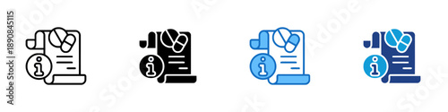Collection of medication information icons, including pills and capsules on a document with an info symbol, presented in outline, solid, and colored styles