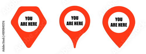 Collection of three red location pointer icons, different shapes, with text 'YOU ARE HERE' inside a white circle, graphic design elements, map marker symbols.