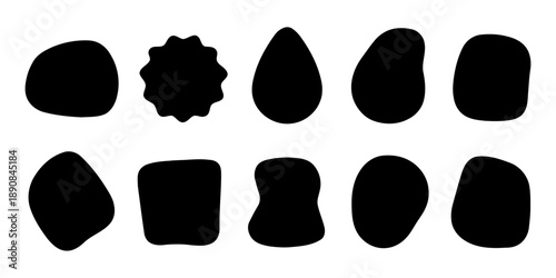 Collection of ten black abstract irregular shapes, organic blobs and unique forms with rounded edges, isolated on white background, modern design elements for creative applications