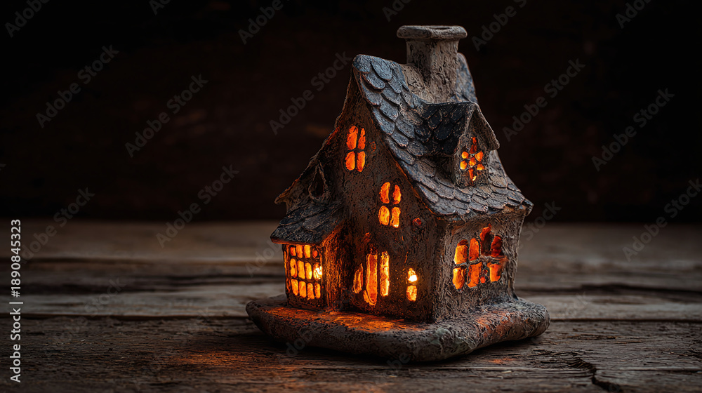 Fototapeta premium A quaint miniature house aglow with warm interior lighting, set atop a wooden surface
