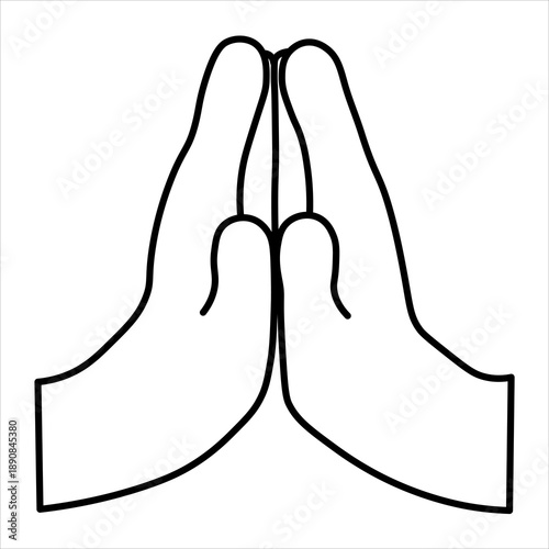 A simple black and white line drawing of two hands pressed together in a prayer or greeting gesture.