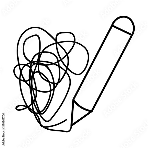 A simple black and white line drawing of a pencil creating a chaotic, tangled scribble of lines, symbolizing confusion or creative process.
