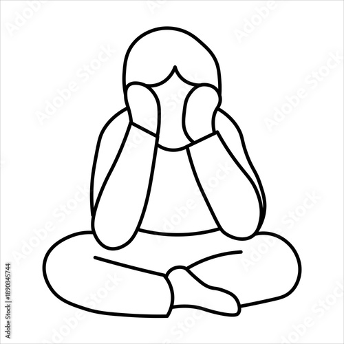 A simple black and white line drawing of a person sitting cross-legged with their hands on their face, appearing sad or contemplative.