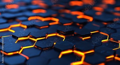 Abstract digital pattern showing dark hexagons with cracks glowing orange, creating a dynamic futuristic background