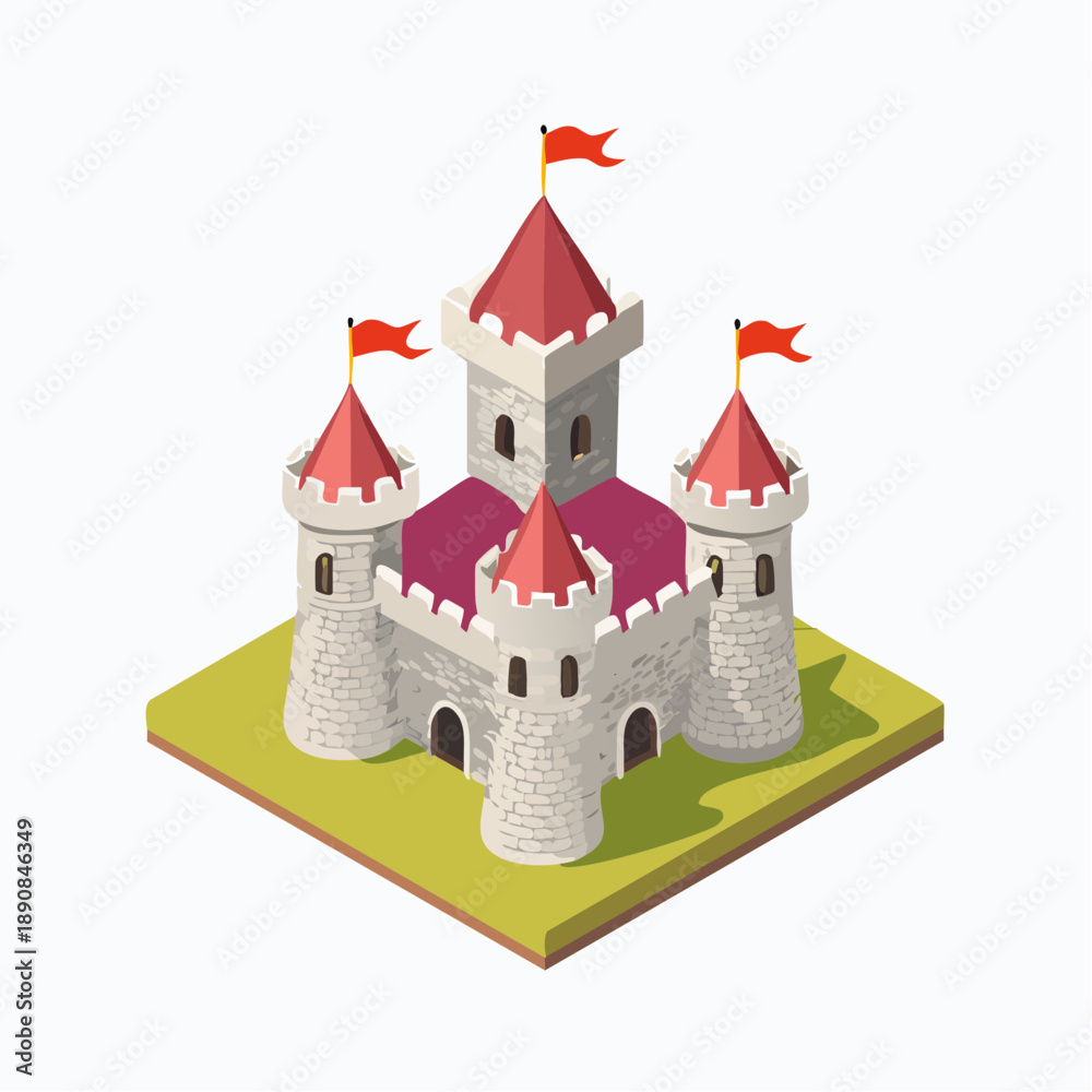 Fototapeta premium Château fort médiéval, en pierres, avec tours et drapeau, 3D isométrique