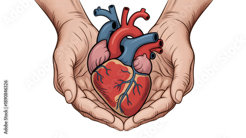 Hands cradling a human heart with care and compassion